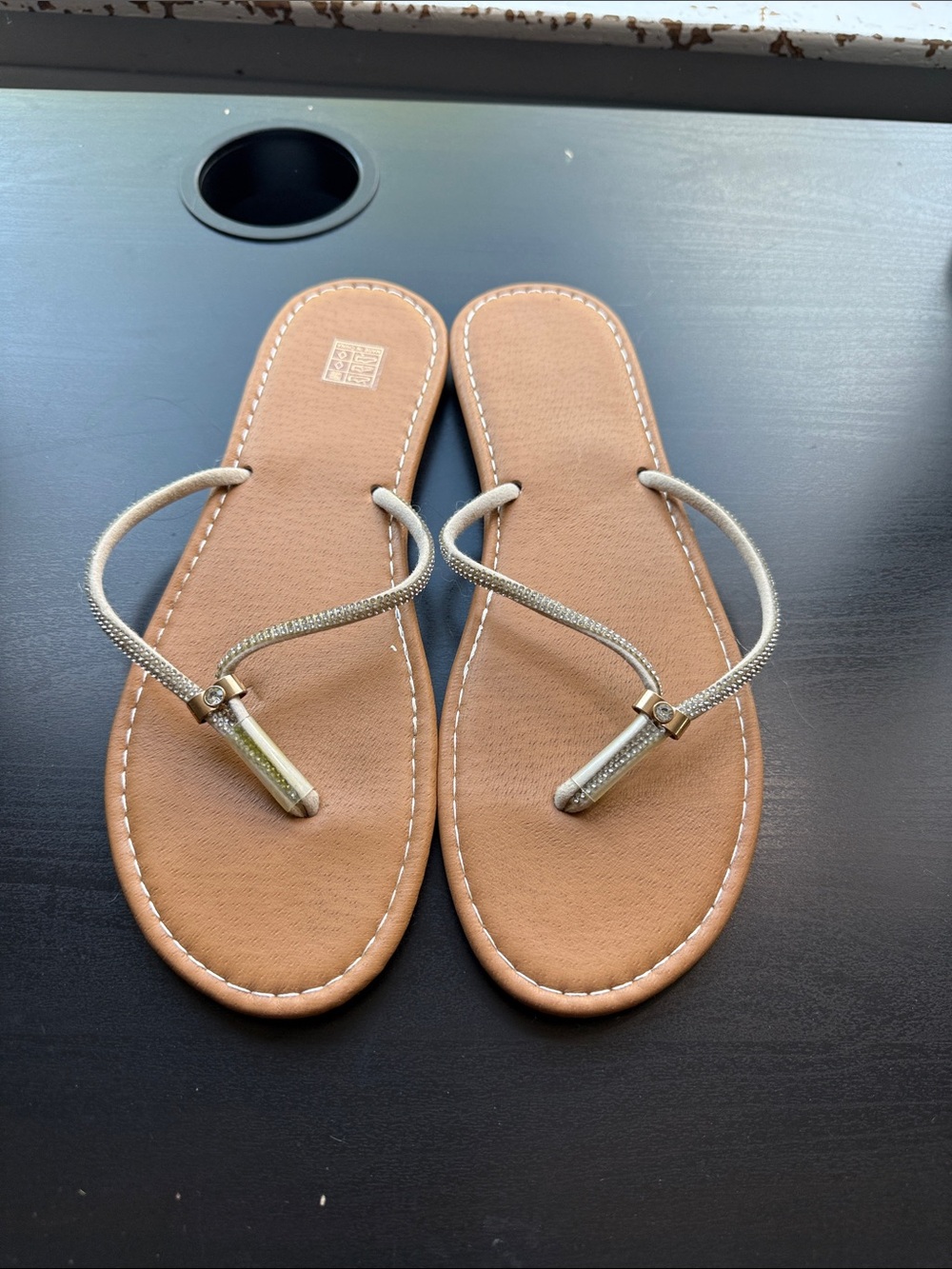 Women’s Tan Slide Sandals with Metallic Silver Straps